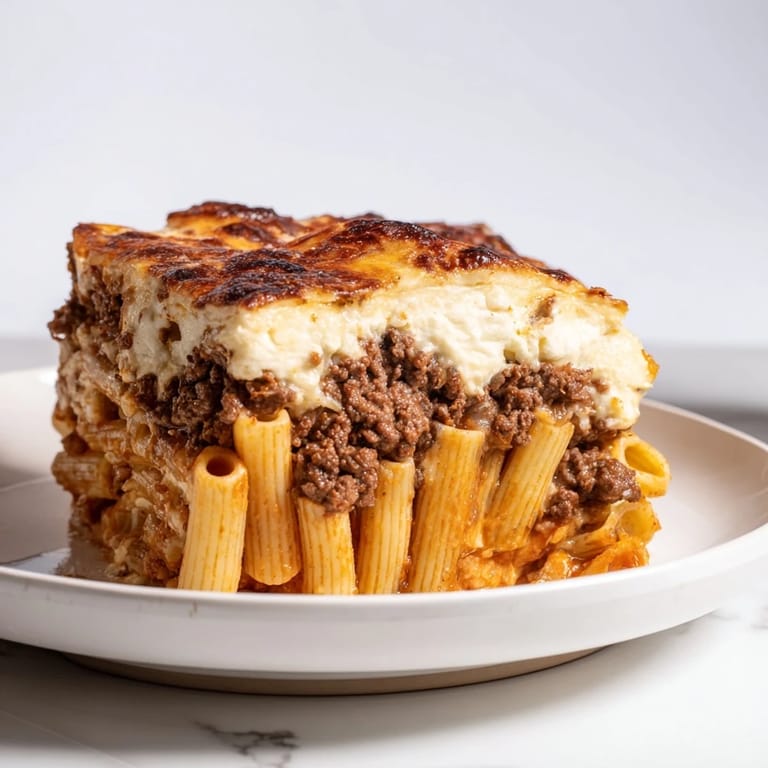 Imagine the aroma: this Greek Pastitsio features tender pasta, a savory meat sauce, and baked béchamel.