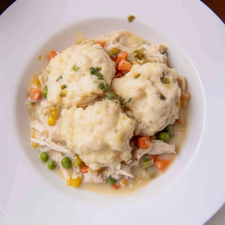 Deliciously creamy Chicken and Dumplings Casserole with fluffy dumplings, perfect for a cozy, comforting supper.