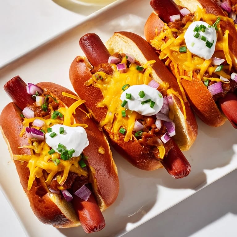 Golden-brown crust on a baked Chili Dog Casserole, complete with onions and savory chili.