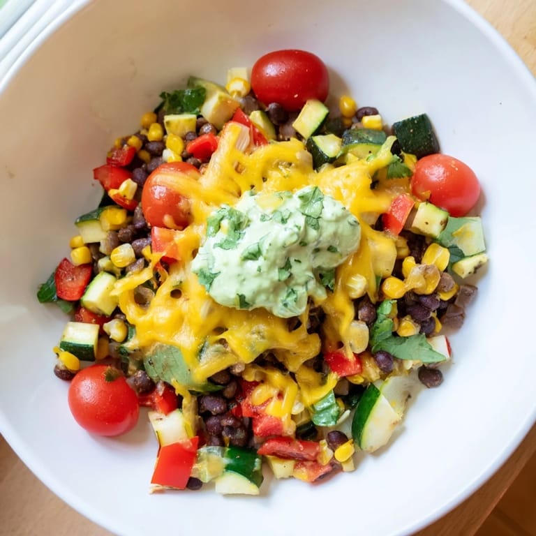 Close-up of a delightful Veggie-Packed Taco Skillet with melted cheese, prepared in a skillet with creamy avocado yogurt.