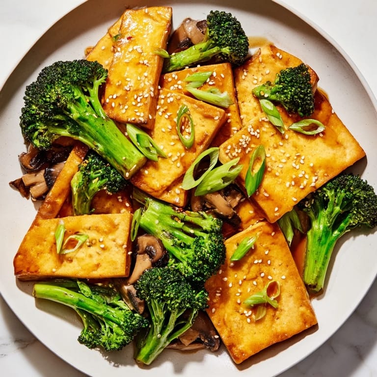 Plated, steaming sautéed tofu steak with a side of colorful vegetables and a flavorful sauce glistens.
