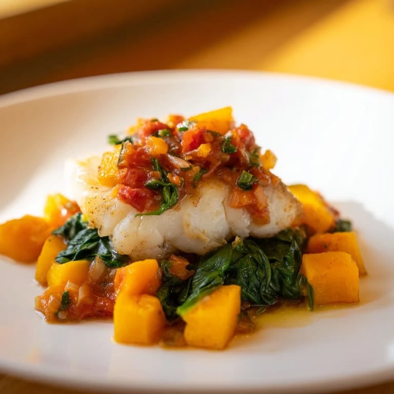 Perfectly flaky Baked Cod atop spinach and squash; a comforting and healthy Mediterranean dish.