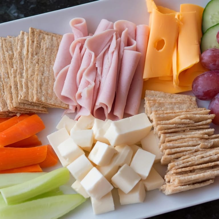 A visually appealing DIY Lunchables Tray ready to eat with a selection of healthy snacks, perfect for children.