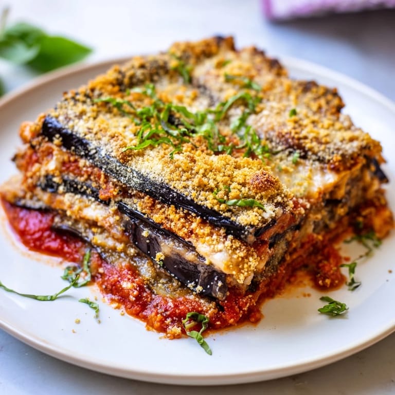 A close-up of a steaming, classic Eggplant Parmesan Lasagna, perfect for a comforting Italian dinner.