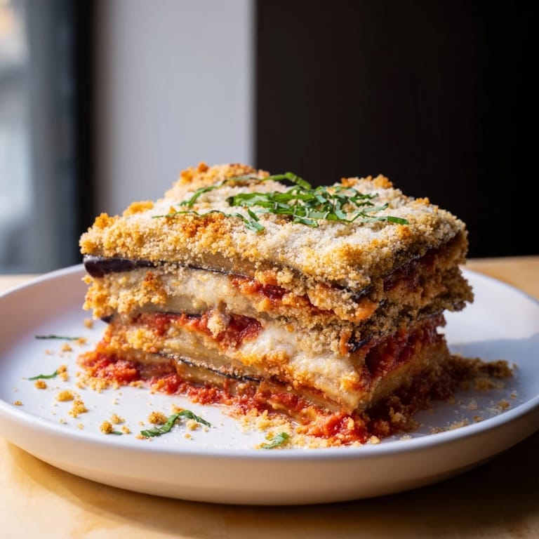 Savory and cheesy, this Eggplant Parmesan Lasagna is a delightful vegetarian baked pasta creation to enjoy!