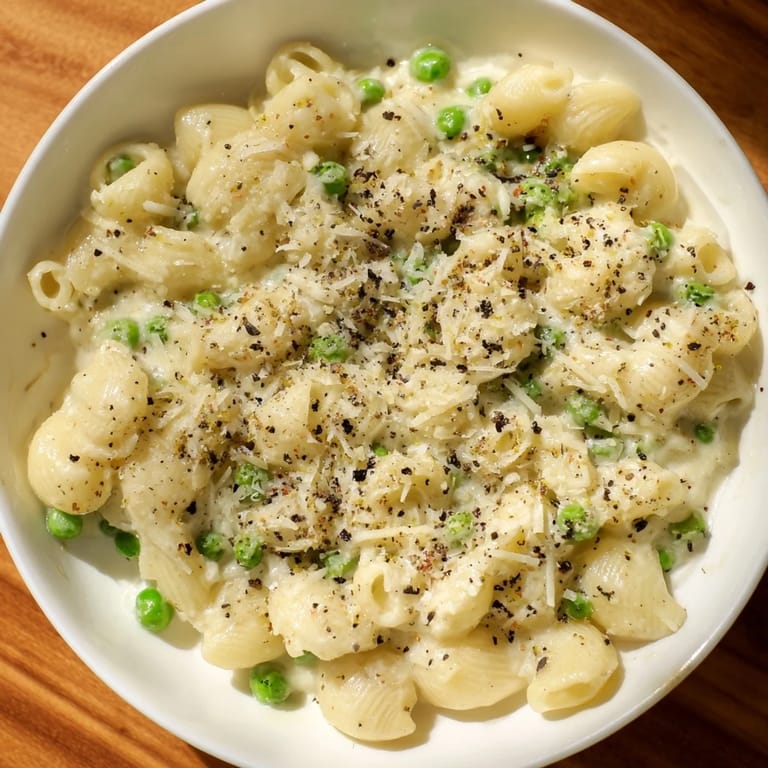 Warm, satisfying Macaroni & Peas, ready to eat, with grated Parmesan cheese sprinkled on top.