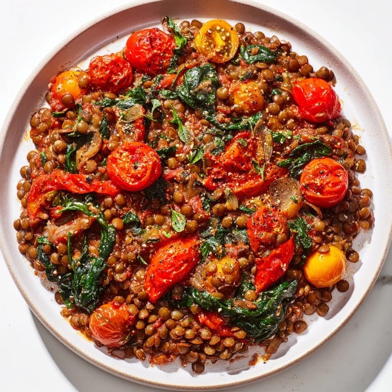 Delicious aroma of Mediterranean Lentil-Tomato Skillet, with soft lentils and a burst of tomato flavor.