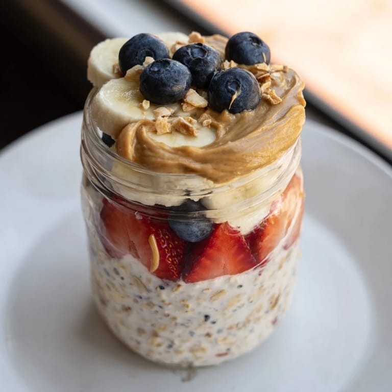 Delicious overnight oats jars, full of peanut butter swirls, topped with ripe berries, ready to eat!