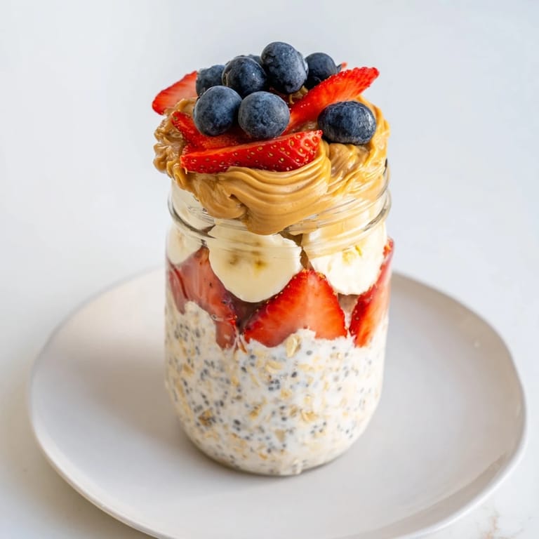 Close-up of healthy overnight oats jars with fruit, peanut butter drizzle and crunchy granola topping.
