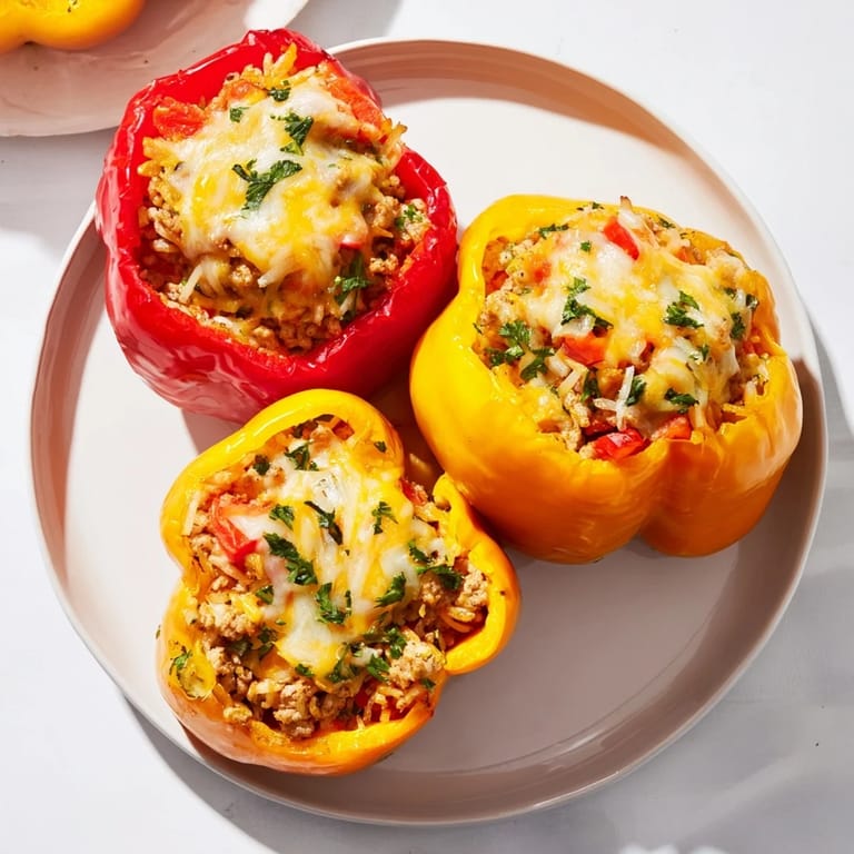 Savory stuffed peppers stuffed with ground turkey and rice, topped with melted cheese, promising a flavorful bite.