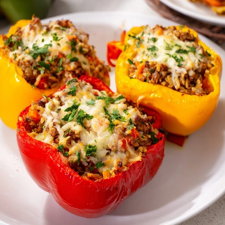 Vibrant red and green peppers, filled with savory ground turkey and rice, ready to serve as a complete dinner.