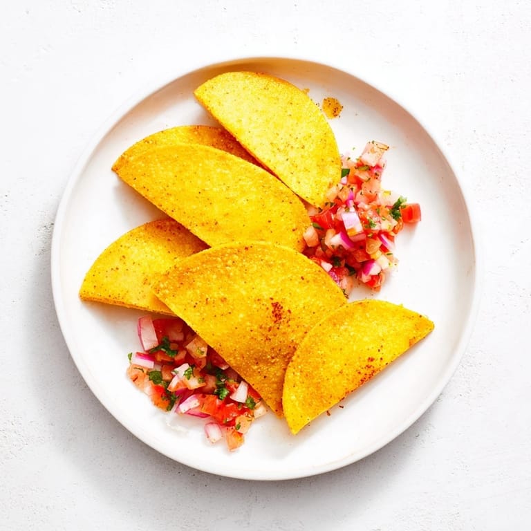 Freshly made air-fryer tortilla chips, seasoned and ready to eat alongside a colorful salsa bowl.