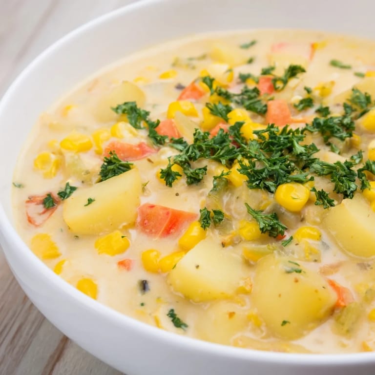 Close-up of a rustic, chunky Corn & Potato Chowder with tender corn and potatoes in every spoonful.