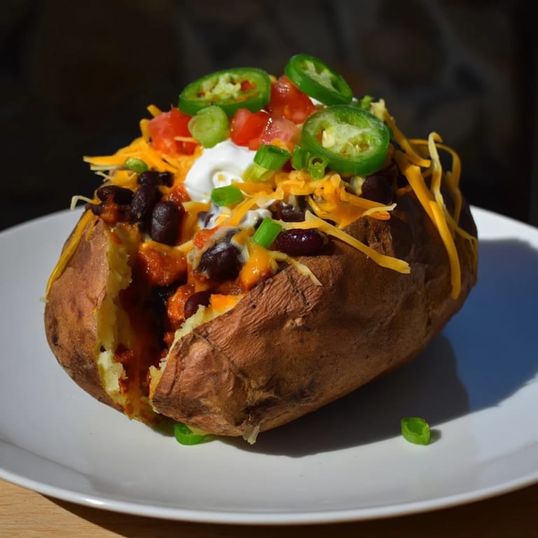 Warm, fluffy loaded baked potato topped with savory chili, melted cheese, and fresh green onions.