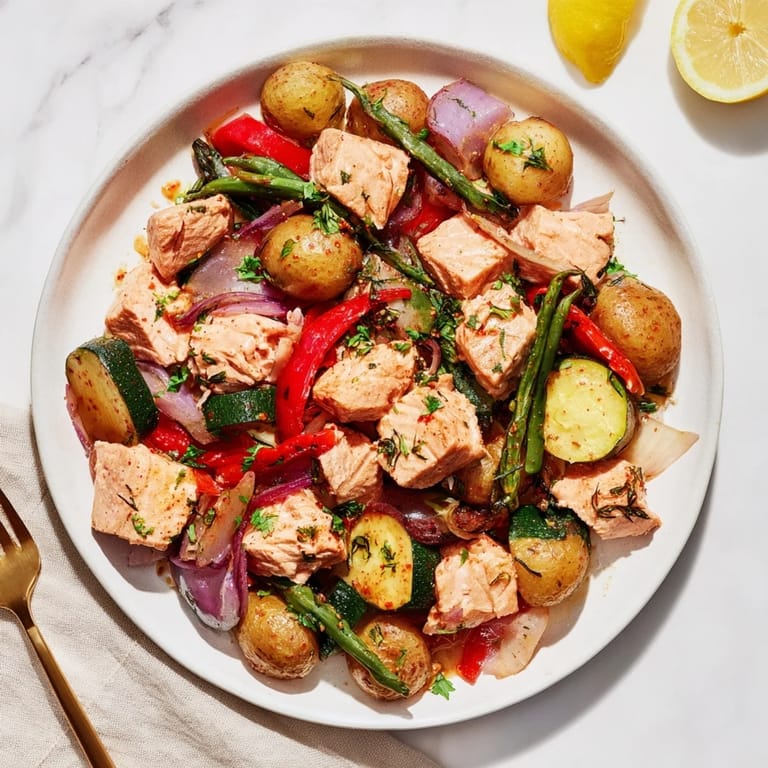 Freshly served Salmon & Potato Skillet with lemon wedges, a complete and delicious weeknight dinner.