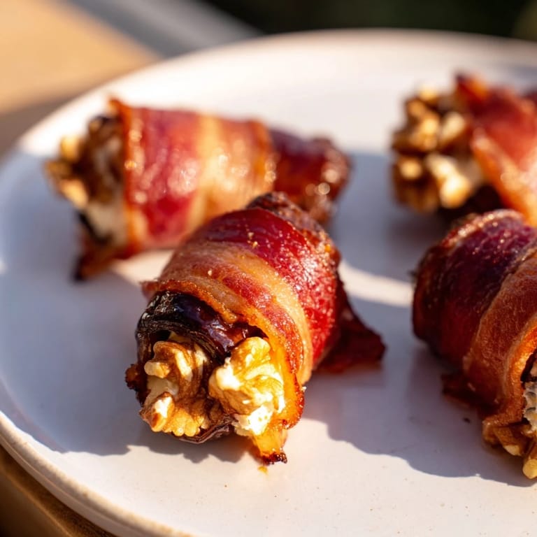Savory bacon wraps sweet dates filled with cheese and walnuts, perfectly cooked and irresistible.