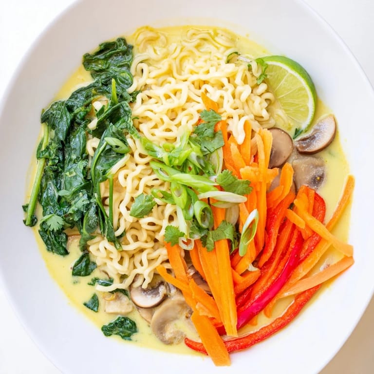 A warm, flavorful bowl of Curry Coconut Ramen, featuring tender noodles and vibrant vegetables.