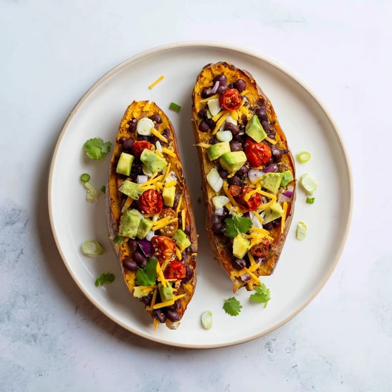 A close-up of fluffy Loaded Baked Sweet Potatoes, garnished with vibrant avocado and cilantro, ready to eat.