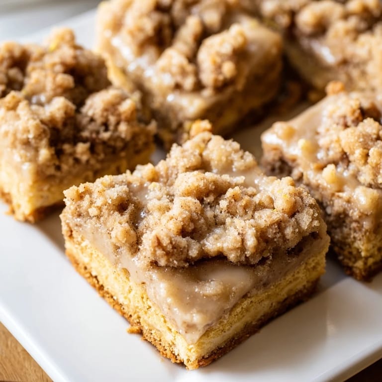 A close-up of buttery, crumbly Lemon-Glazed Gingerbread Crumble Bars, perfect for a festive occasion.