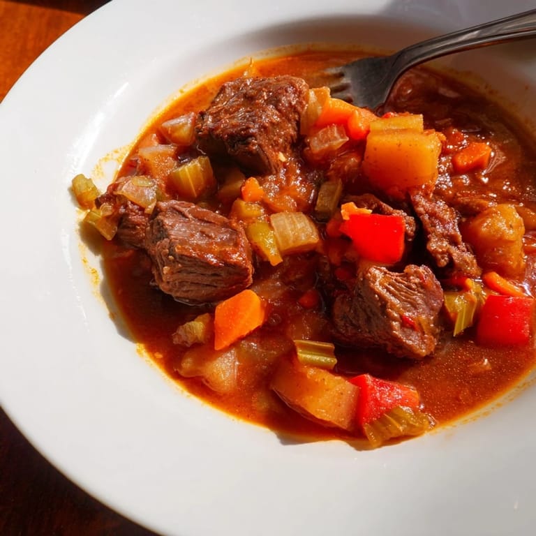 This comforting Smoked Paprika & Garlic Beef Stew is shown in a Dutch oven, ready to serve.