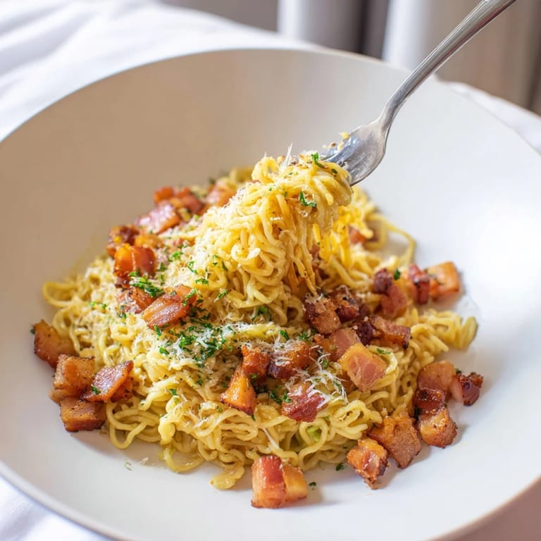 A close-up shot of the Carbonara Ramen Fusion, a delicious fusion of flavors and textures.
