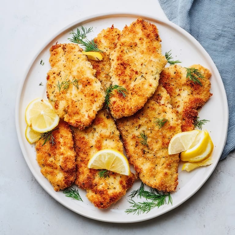 A close-up of beautifully fried, golden pickle-brined chicken cutlets, a flavorful and simple dish.