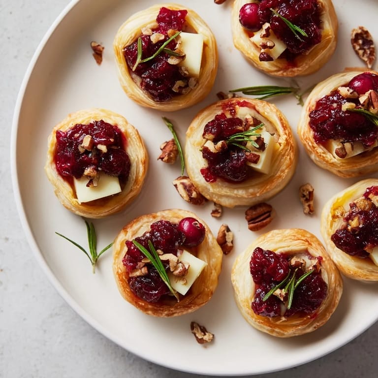 Melting Brie and sweet cranberry atop puff pastry, creating delicious Cranberry Brie Bites for a party.