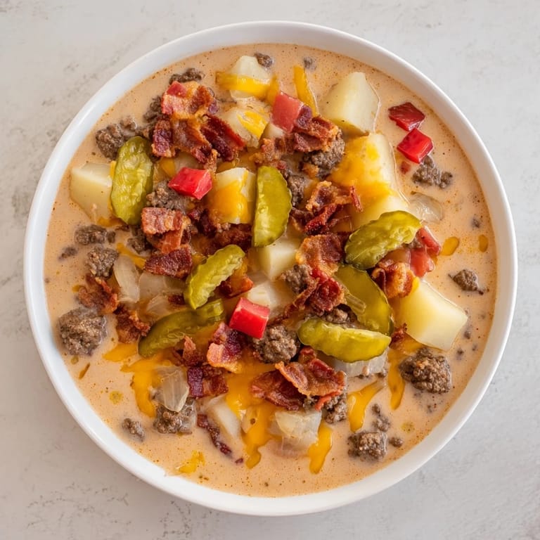 A steaming bowl of Crockpot Cheeseburger Soup awaits, topped with fresh pickles and extra cheddar cheese.