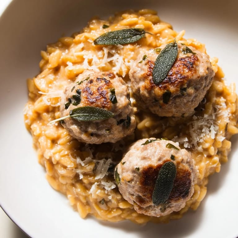 Golden-brown sage turkey meatballs mingling with vibrant pumpkin orzo, a delicious fall dinner shown steaming.