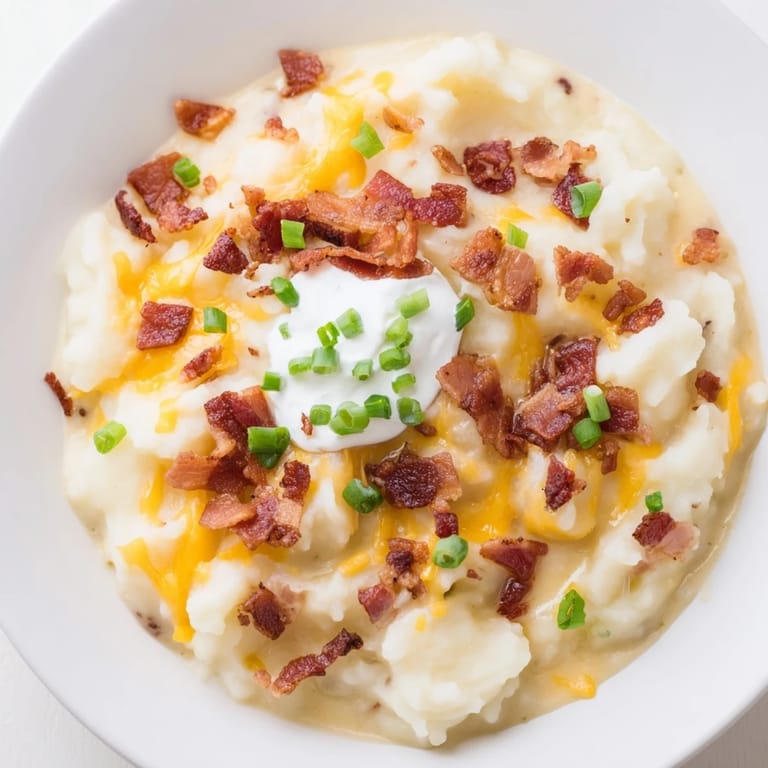 Steaming Crockpot loaded baked potato soup, easily made, topped with crispy bacon and fresh green onions.