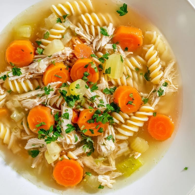 Homemade Crockpot Chicken Noodle Soup, a warm and delicious soup, garnished with green parsley.