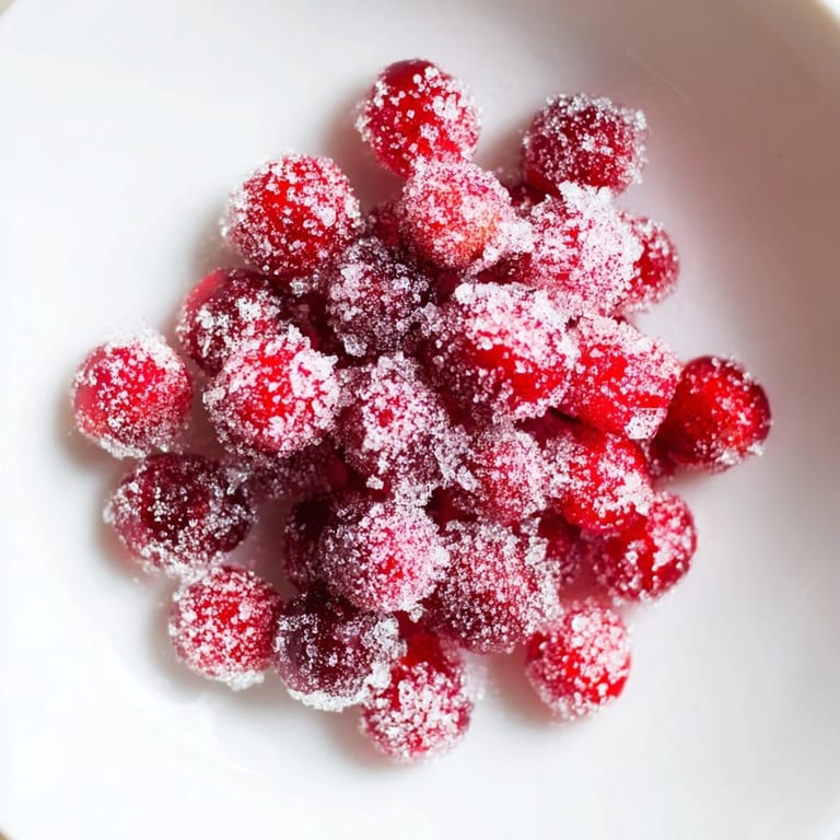 Shiny, sugared vegan candied cranberries, ruby-red and perfect for holiday or celebratory plates.