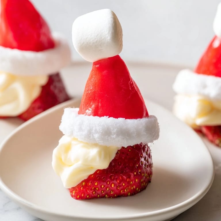 Freshly made air-fried Santa Hat Strawberries boast a white chocolate trim, showcasing a creative American dessert for parties.
