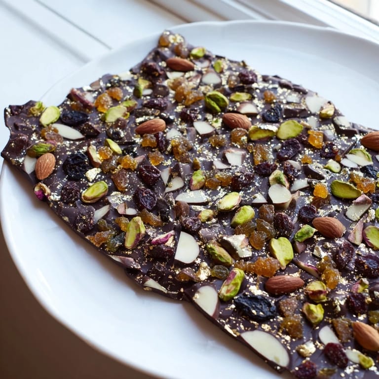 Homemade Simplified Dubai Chocolate Bark, a stunning dessert, shows off its colorful mixed nuts and spices.