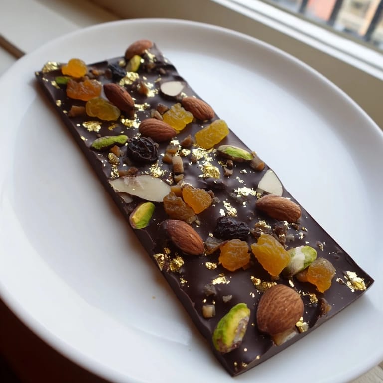 Gleaming dark chocolate from a batch of Simplified Dubai Chocolate Bark, topped with golden raisins and pistachios.