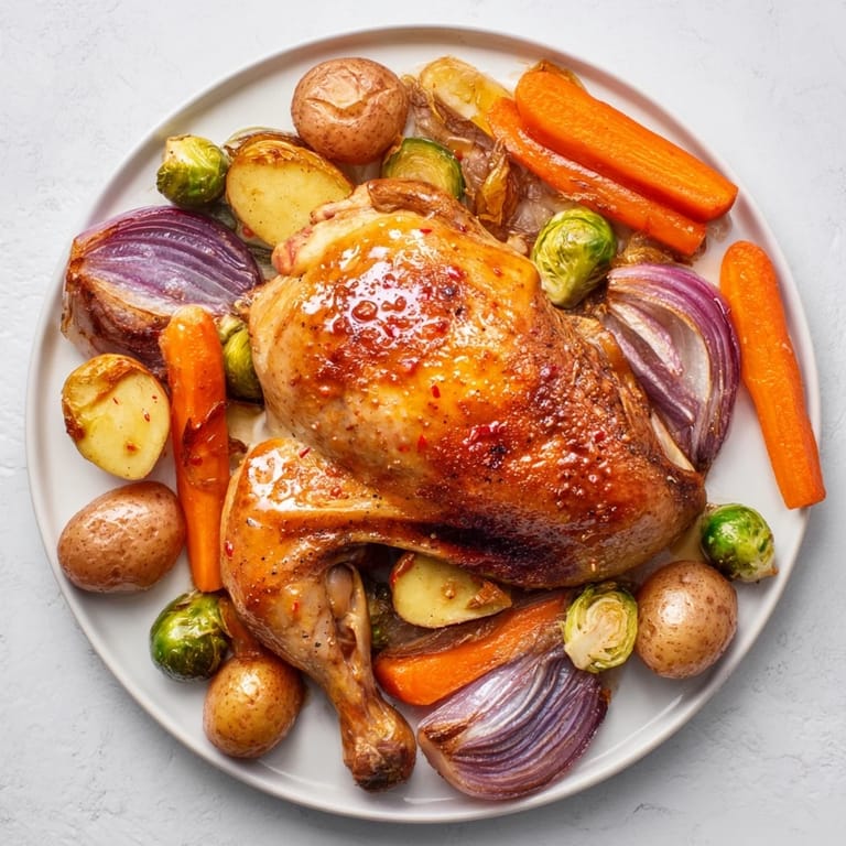 Brightly colored sheet pan chicken with cranberry vinaigrette, showing juicy chicken thighs amidst roasted vegetables.