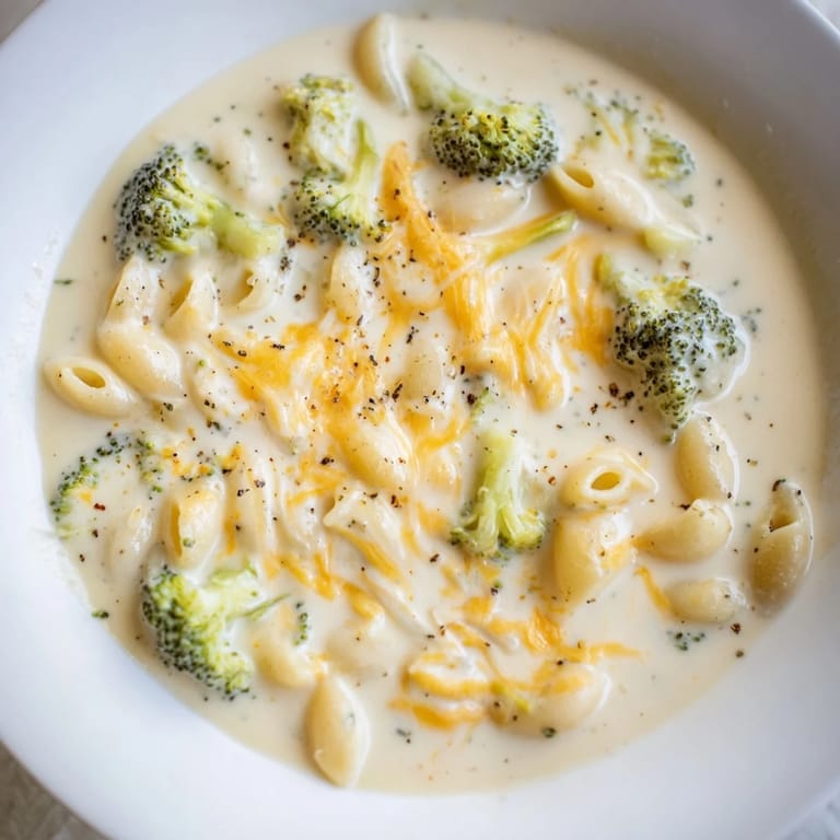 A close-up of creamy One-Pot Broccoli Cheddar Ditalini Soup, garnished and ready to be served hot.