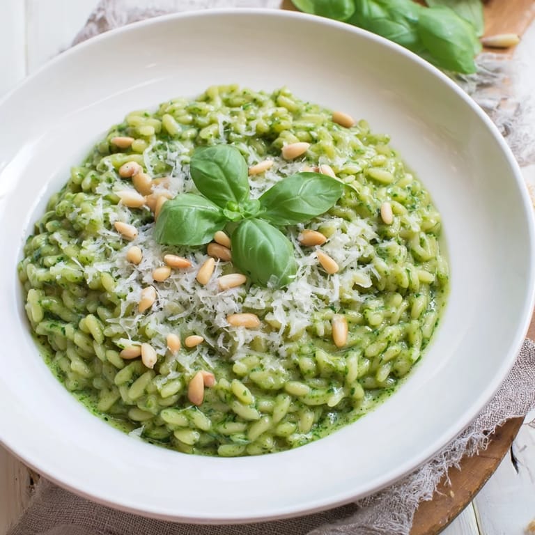 A close-up of finished 15-Minute Creamy Pesto Risoni, creamy and cheesy pesto sauce coating the orzo pasta.