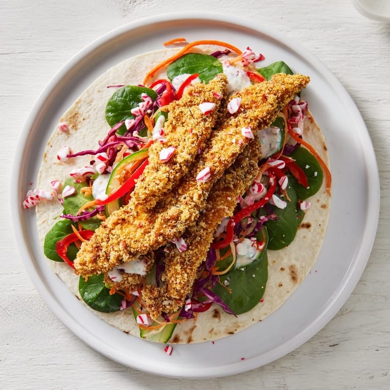 A delicious close-up of a cut Candy Cane Crunch Chicken Veggie Wrap, showing the layers.