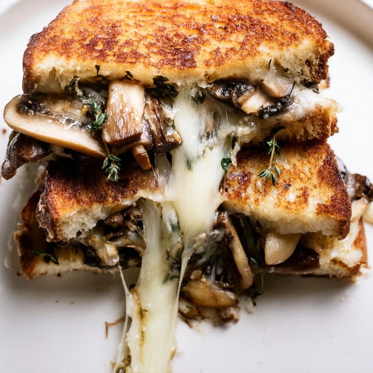 A close-up of a perfectly toasted Roast Garlic Mushroom & Thyme Grilled Cheese, showcasing its gooey cheese pull.