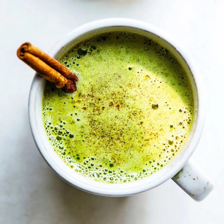 Frothy, vibrant green Matcha swirls through a cozy Maple Cinnamon Gingerbread Oat Latte.