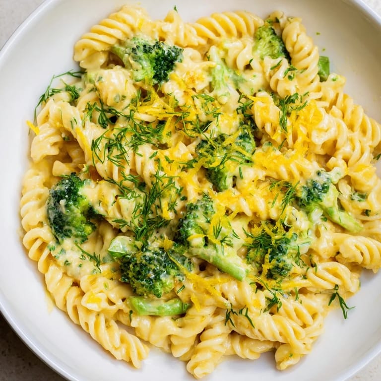 A close-up shot of a creamy, vibrant Green Goddess Broccoli Cheddar One-Pot Pasta.