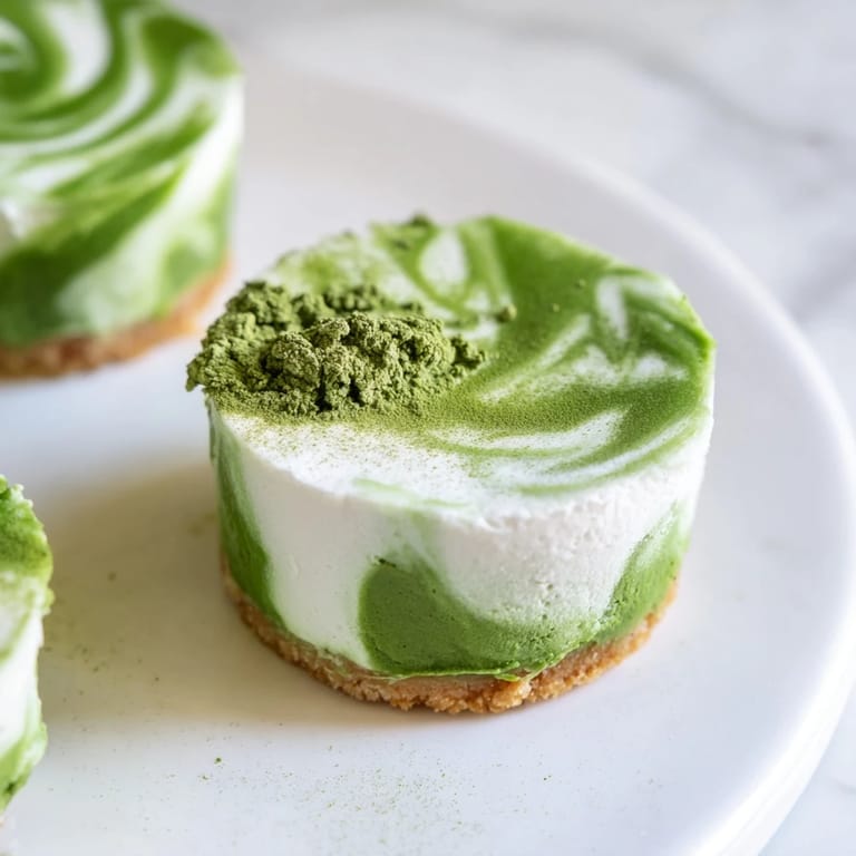 Elegant presentation of matcha swirl cheesecake cups; chilled dessert offering a flavorful fusion.
