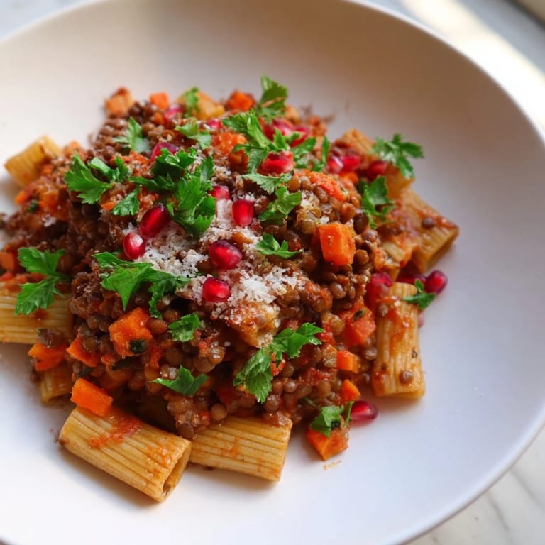 Rich, flavorful High Fiber Lentil Bolognese Cozy Christmas Pasta, a vegetarian holiday main course, ready to serve.