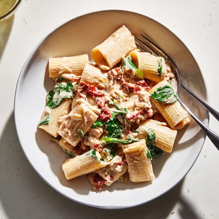Vibrant image of Creamy Sun-Dried Tomato Spinach Cottage Cheese Pasta, ready to savor and enjoy.