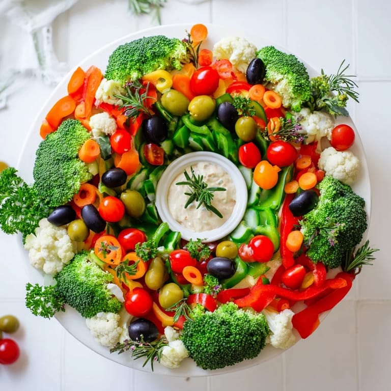 Beautiful Garland Veggie Wreath: featuring a ring of fresh vegetables and a dip, perfect for gatherings.