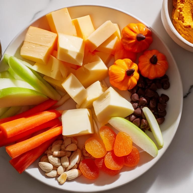 Vibrant Pumpkin Patch Snack Board arranged with cheeses, fruits, and dips, ready for easy snacking.