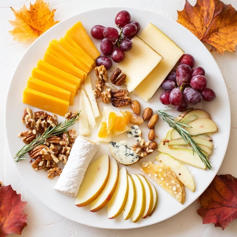 Gorgeous Autumn Leaf Cheese Platter, featuring a cheese board overflowing with delicious snacks and fresh ingredients.