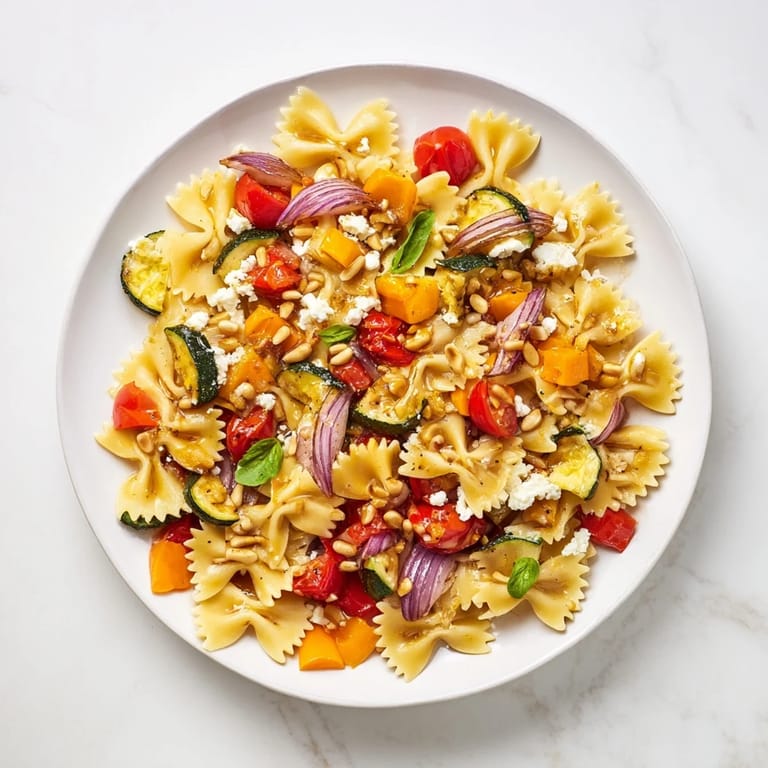 This delicious Festive Bow Tie Pasta Platter shows a vibrant, flavorful vegetarian meal ready to be shared.