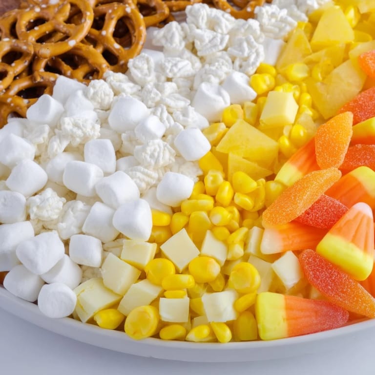 A delicious candy corn spooky board, featuring sweet and salty treats arranged in a fun, tri-color pattern.